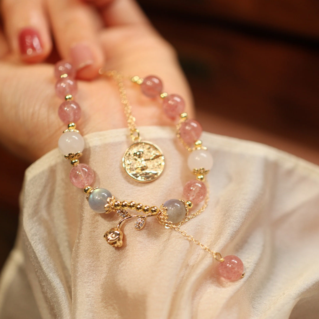 天然8MM草莓晶玉兔手链女桃花朵朵开小兔子本命年生肖水晶手链