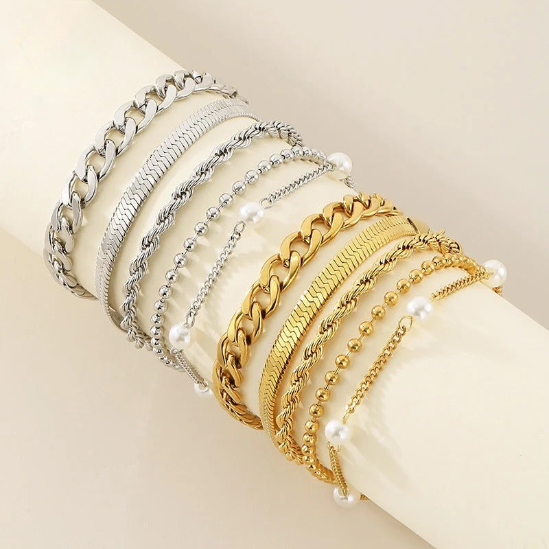 Gold & Silver Layered Chain Bracelet Set