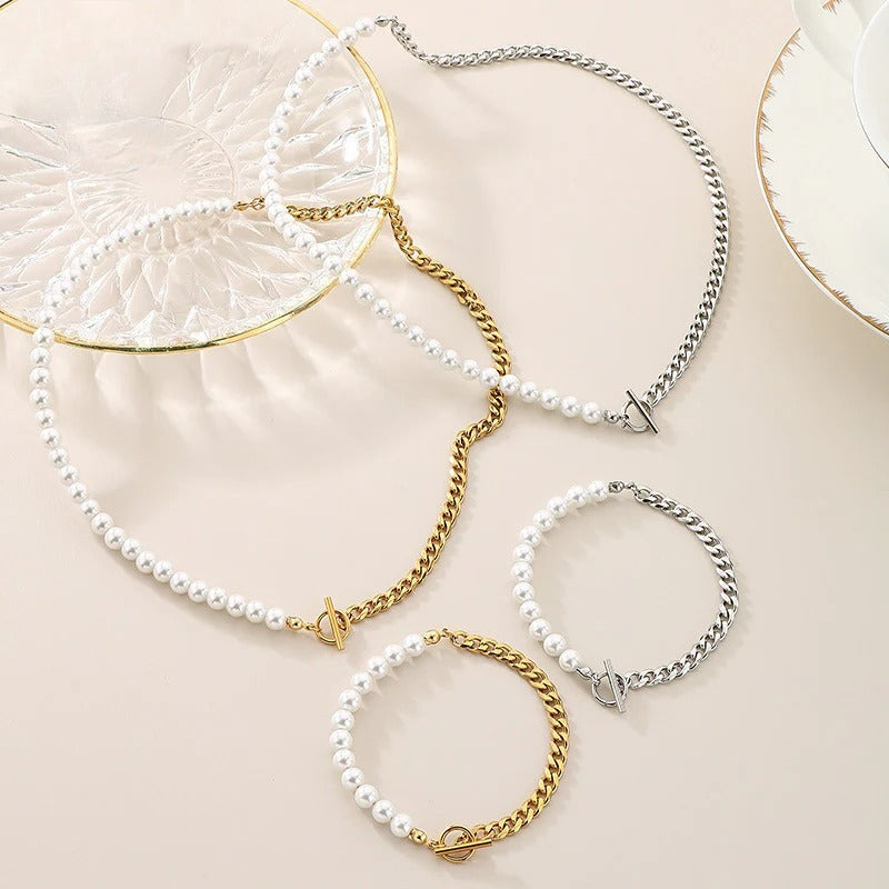 Pearl & Chain Toggle Necklace and Bracelet Set