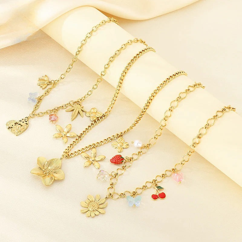 Floral & Charm Chain Necklace Set