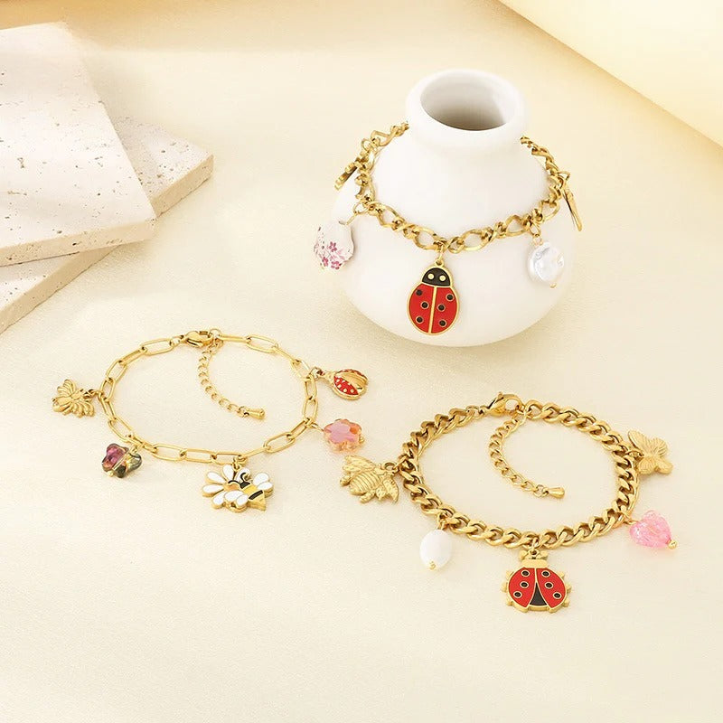 Gold Ladybug Charm Chain Bracelet