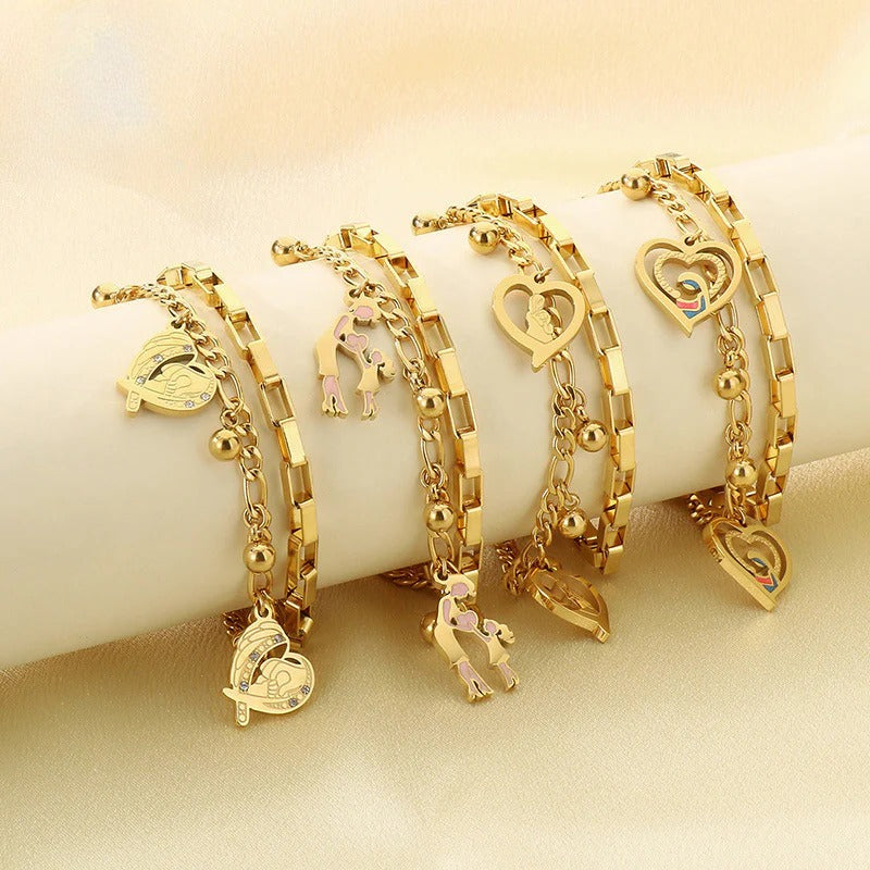 Gold Heart Family Charm Bracelet