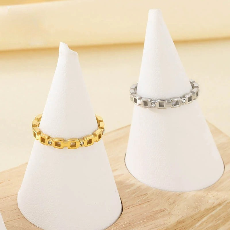 Geometric Square-Link Ring with Crystal Accents