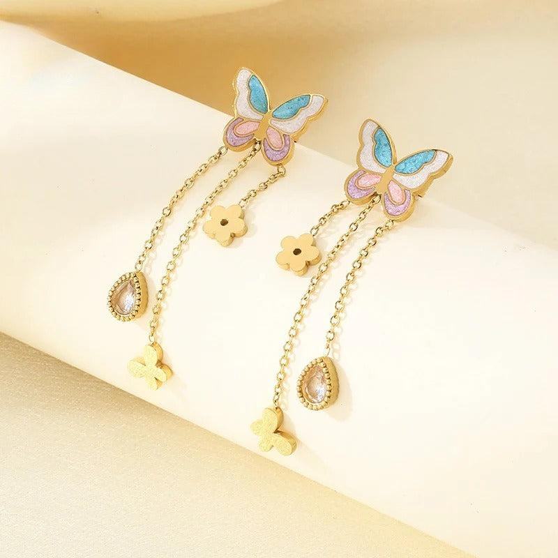 Pastel Butterfly Charm Drop Earrings – Gold Chain Dangle