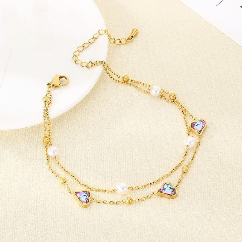 Gold Heart Crystal Double Chain Bracelet