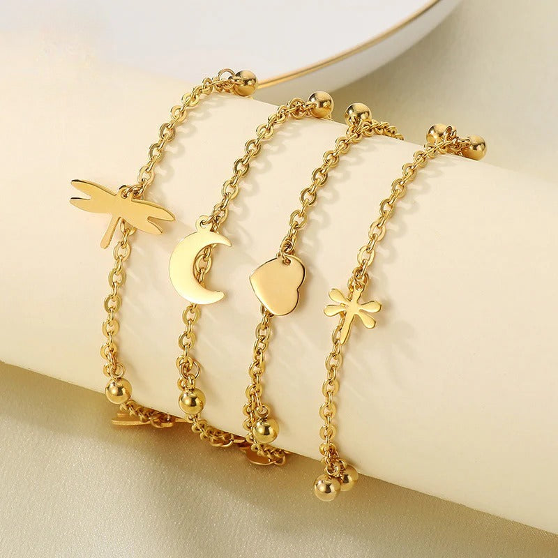 Summer vacation wind dragonfly love moon stainless steel fringed anklet female design ankle titanium steel advanced sense anklet