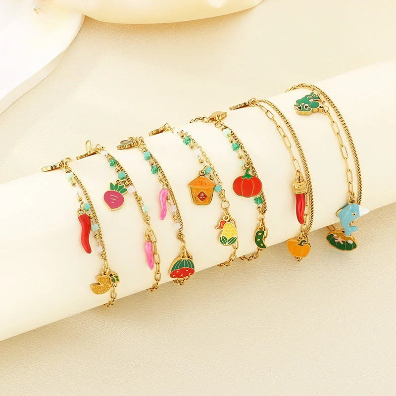 Gold Heart & Flower Charm Bracelet – Adjustable Chain