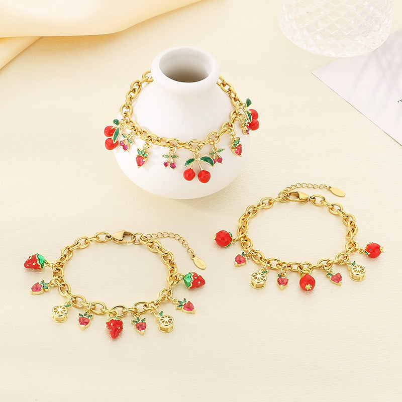 Cross-border fresh pastoral fruit series zircon strawberry durian cherry apple pendant stainless steel chain bracelet