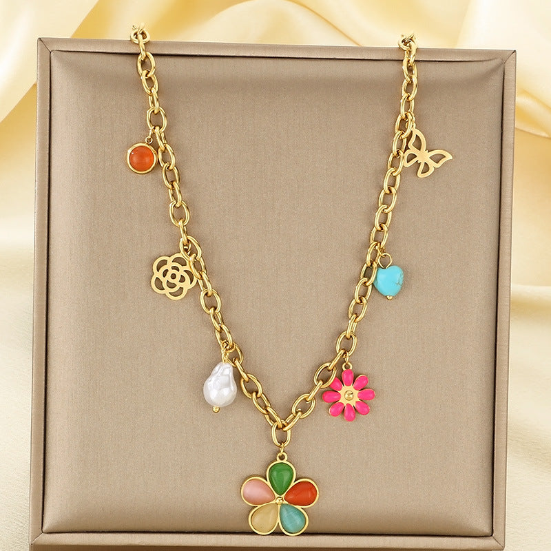 European and American cross-border jewelry sweet wind flower irregular necklace temperament small fresh fruit stainless steel collarbone chain women