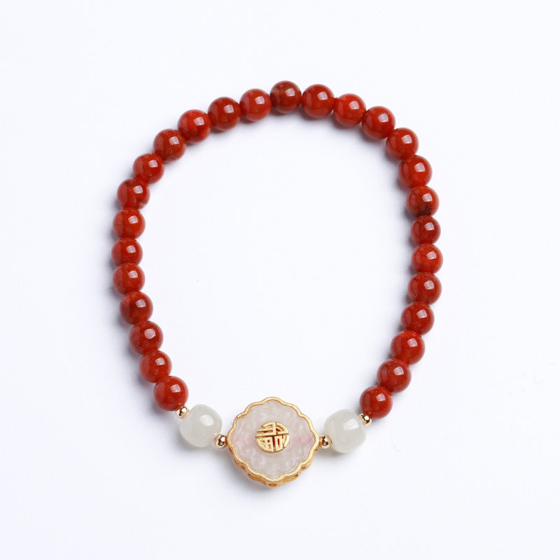 5.5MM南红玛瑙单圈手链和田白玉祥云福字礼物南红玛瑙