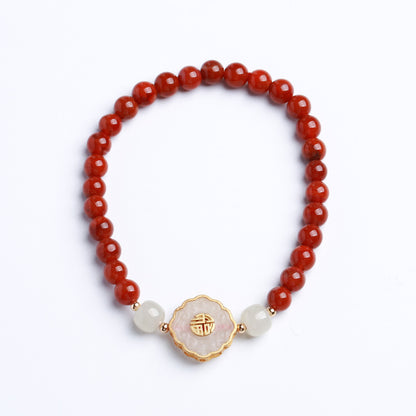 5.5MM南红玛瑙单圈手链和田白玉祥云福字礼物南红玛瑙