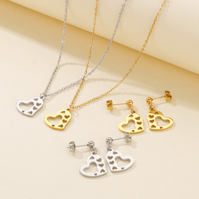 Stainless Steel Open Heart Necklace & Earrings Set