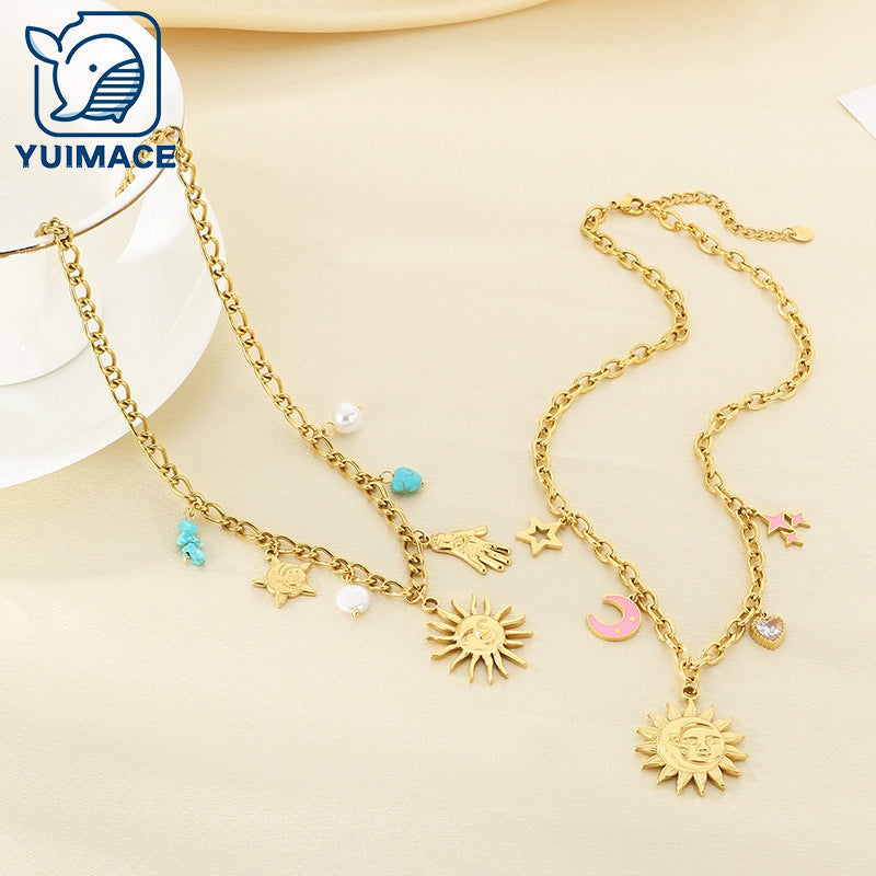 Cross-border European and American stainless steel necklace face sun star moon pendant thick chain retro 18K gold necklace women