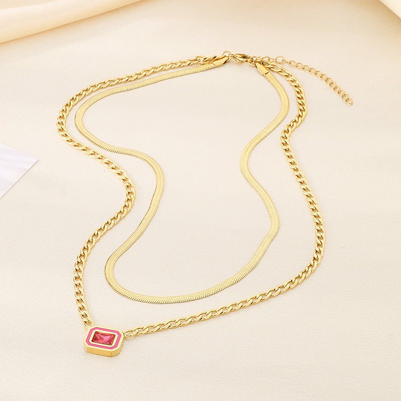 Gold Layered Chain Necklace with Square Gem Pendant