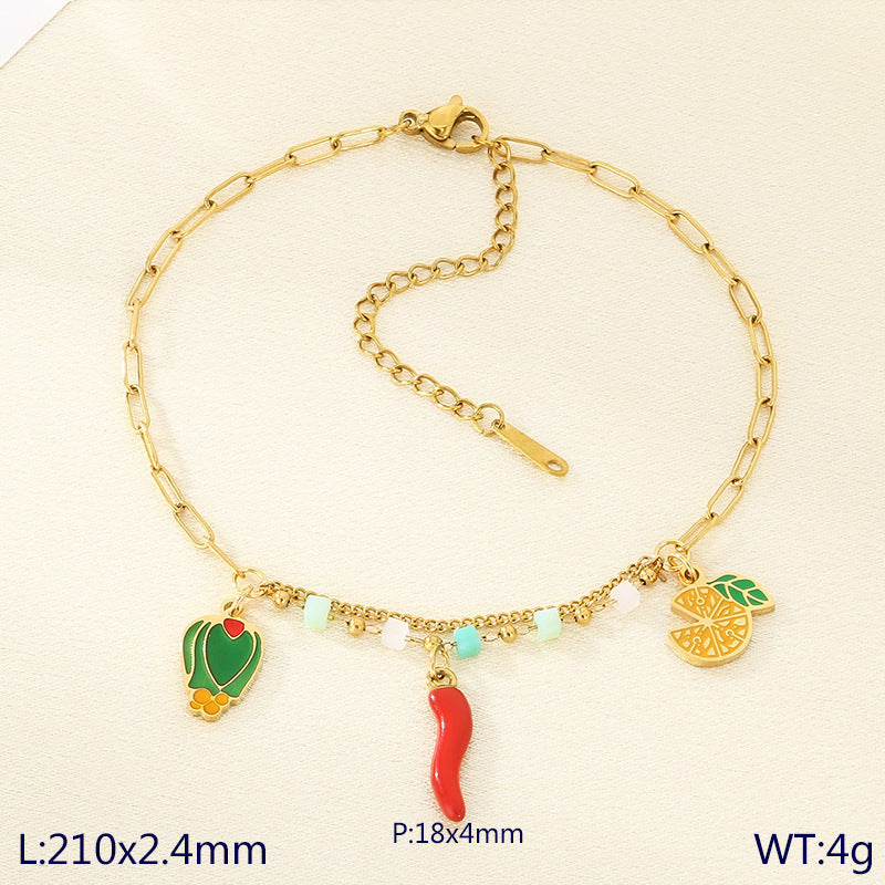 INS fresh and fashionable stainless steel double chain cartoon fruit pendant anklet titanium steel holiday jewelry foot decoration
