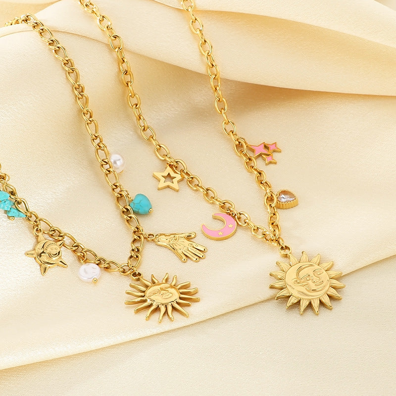 Cross-border European and American stainless steel necklace face sun star moon pendant thick chain retro 18K gold necklace women