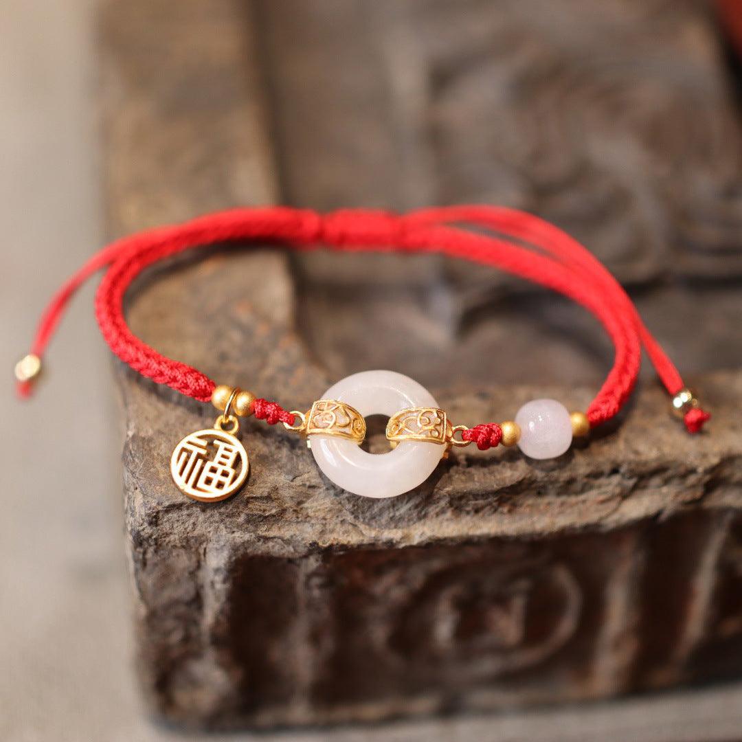 和田玉白玉平安扣马年本命年红绳红色手绳编织绳好运新年手链