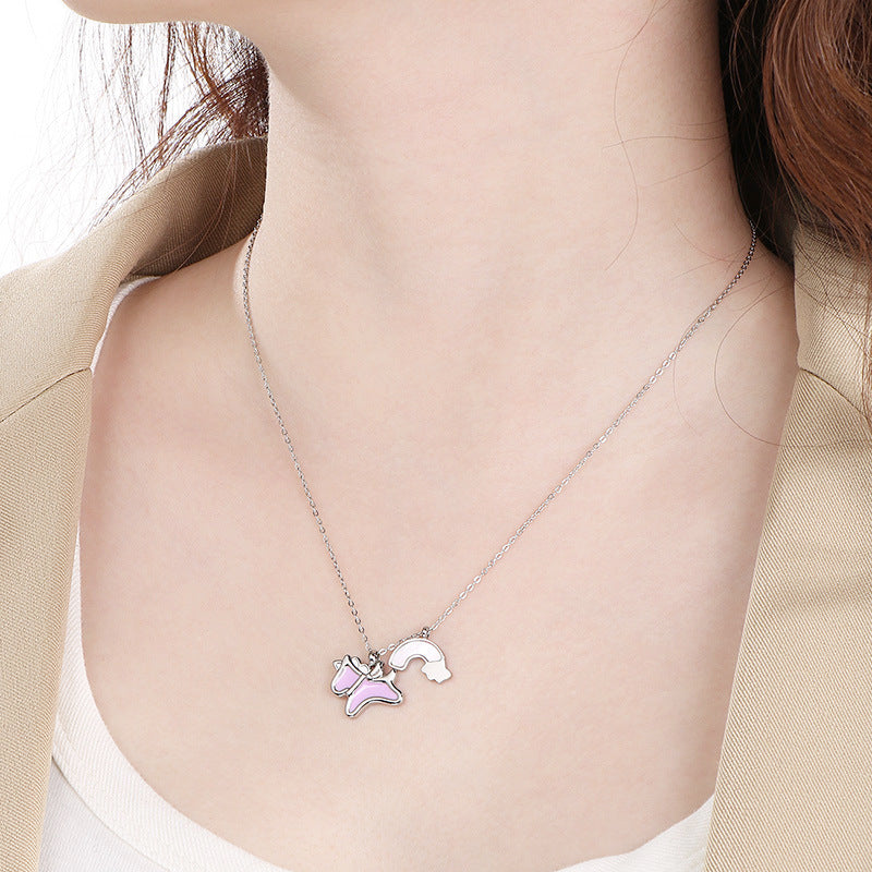 Creative cartoon design dripping rainbow unicorn titanium steel necklace female collarbone chain fashion pendant spot jewelry