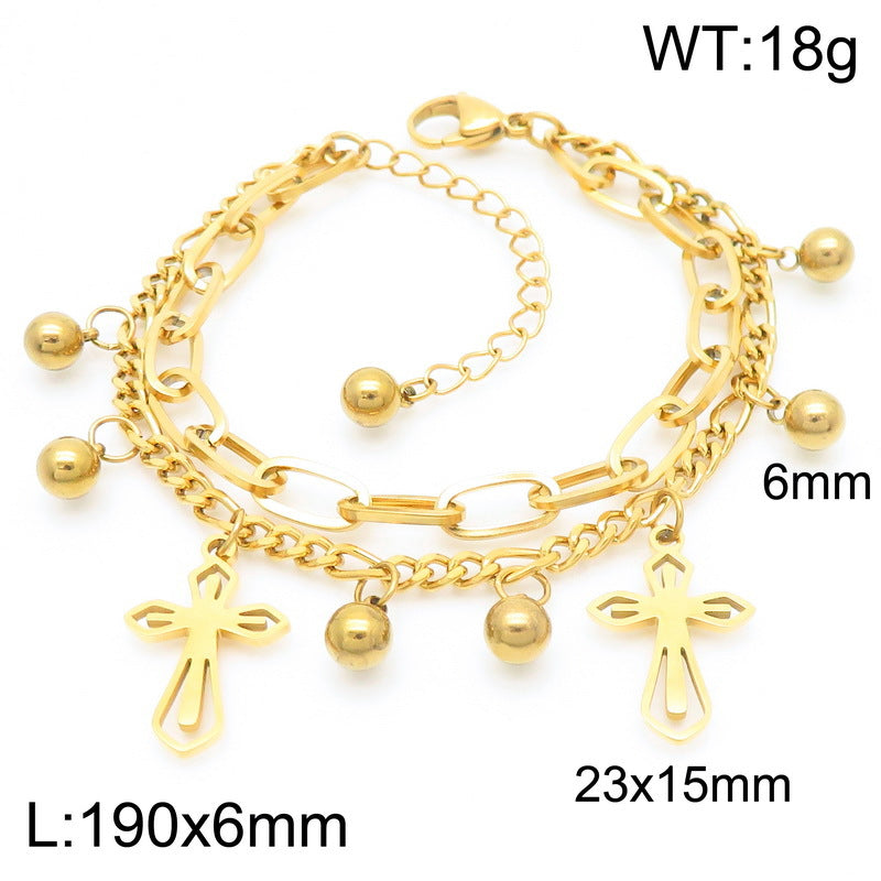 Simple and versatile ins wind double-layer stacked chain cross pendant stainless steel bracelet titanium steel jewelry