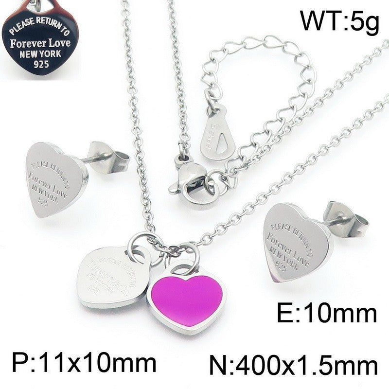 Gold Heart Charm Jewelry Set with Green Enamel Pendant