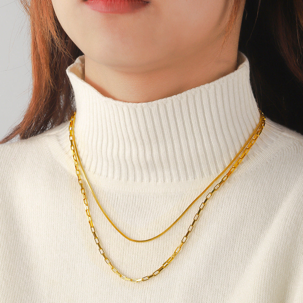 European and American cross-border stainless steel double necklace square snake chain long box chain women's niche design 18K titanium steel necklace