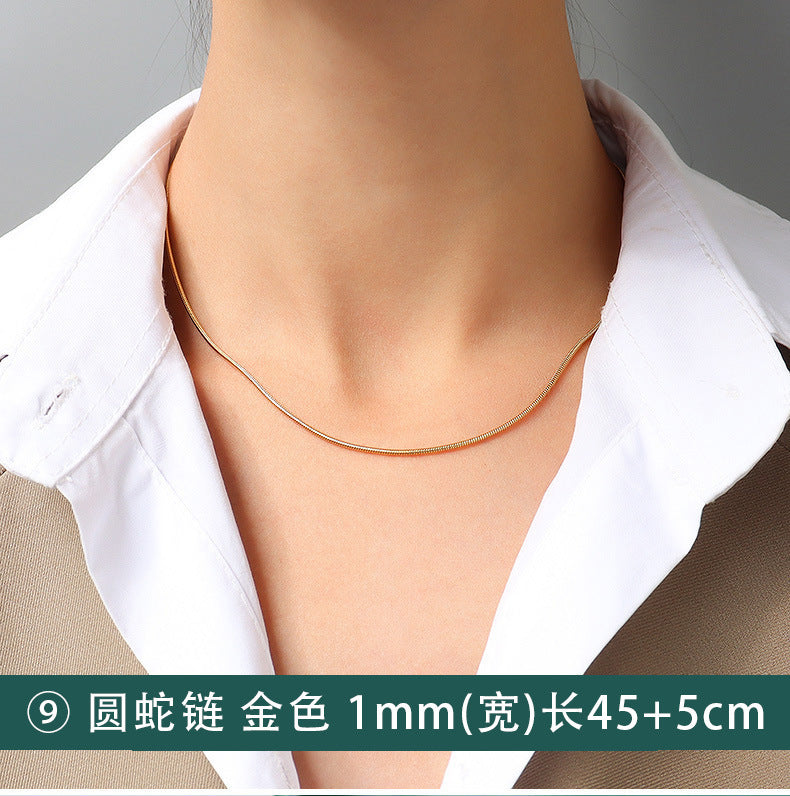 Cross chain, snake bone chain, twist chain, box chain, variety necklace, women's titanium steel plated 18K gold plain chain, clavicle chain jewelry