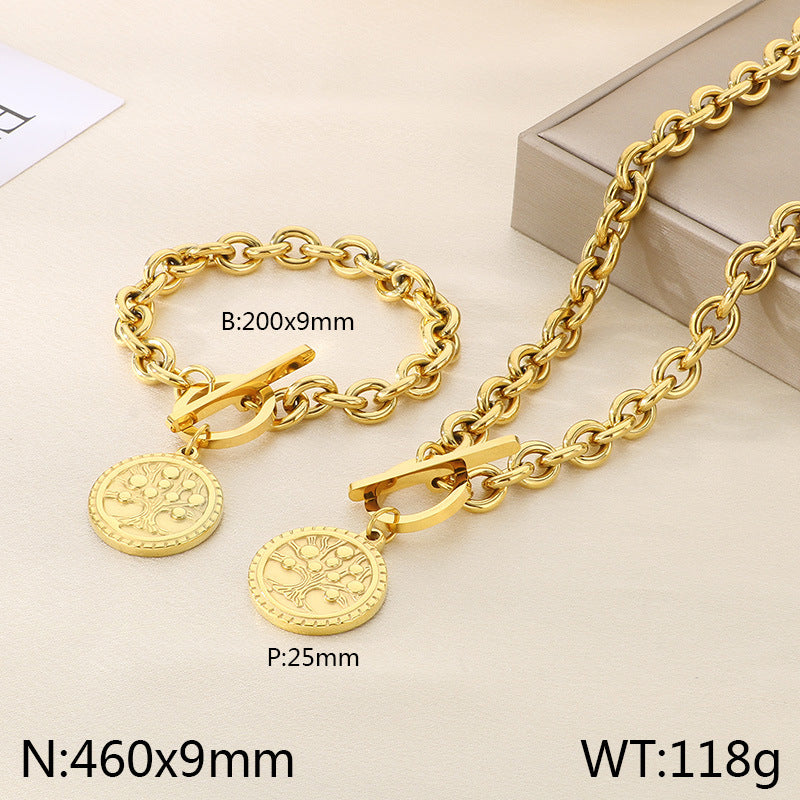 European and American fashion personalized retro portrait tree round brand stainless steel pendant chain high-end temperament set jewelry