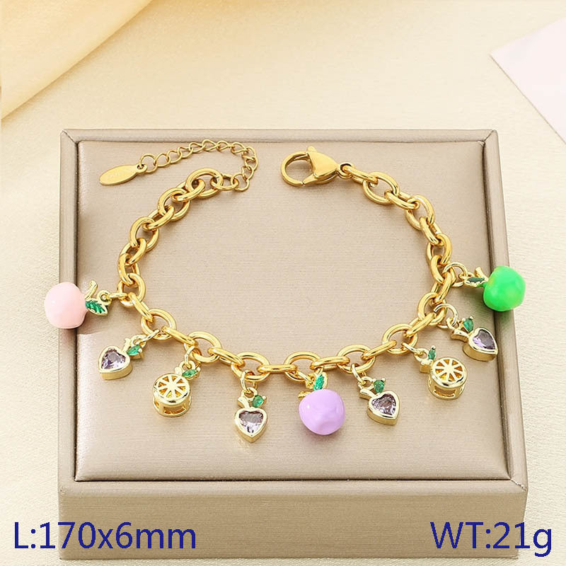 Cross-border fresh pastoral fruit series zircon strawberry durian cherry apple pendant stainless steel chain bracelet