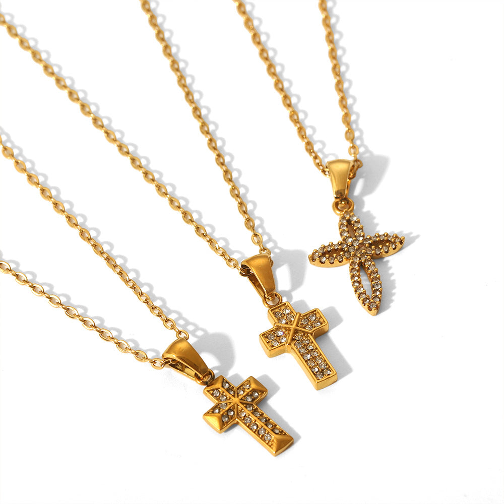Cross-border new full diamond cross necklace European and American fashion temperament versatile stainless steel necklace collarbone chain jewelry