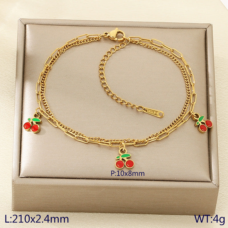 New fresh and sweet fruit series cherry strawberry apple dragon fruit pendant stainless steel double layer stacked anklet