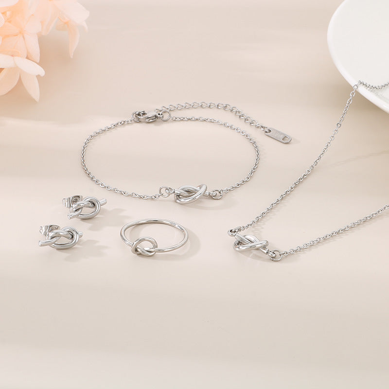 Cross-border fashion versatile rope knot elements stainless steel stud earrings necklace bracelet four-piece set knotted collarbone chain spot
