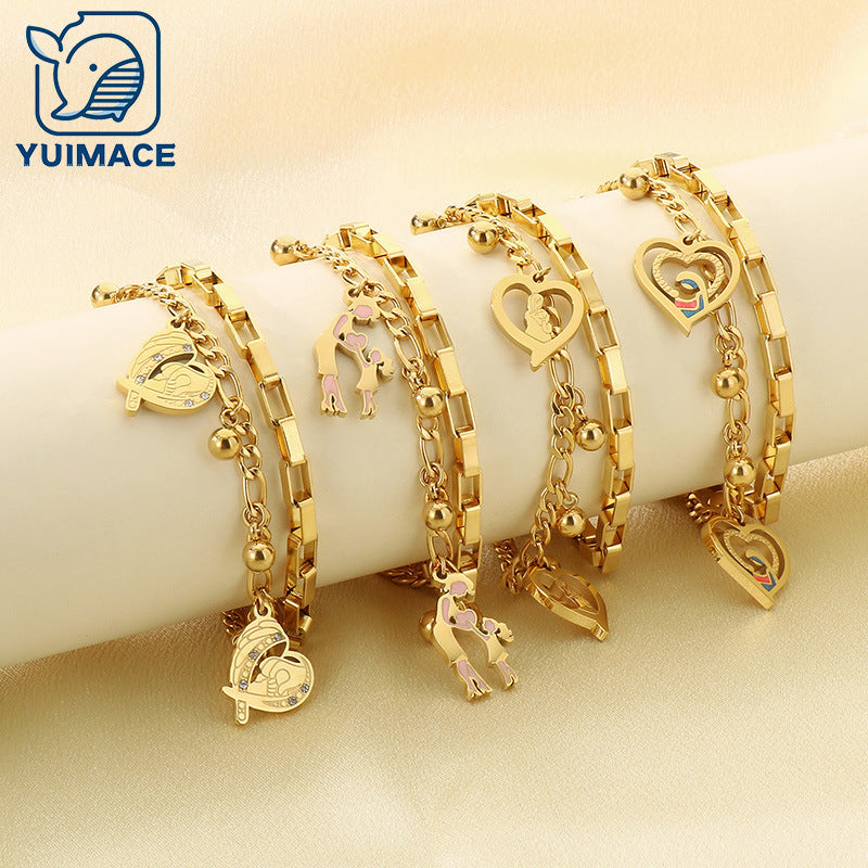 New Mother's Day Versatile Double-layer Love Pendant Stacked with Stainless Steel Versatile Bracelet Spot Mother's Day Style