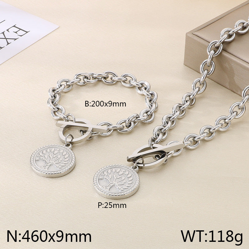 European and American fashion personalized retro portrait tree round brand stainless steel pendant chain high-end temperament set jewelry