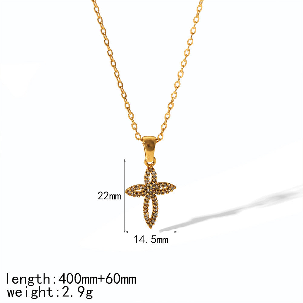 Cross-border new full diamond cross necklace European and American fashion temperament versatile stainless steel necklace collarbone chain jewelry
