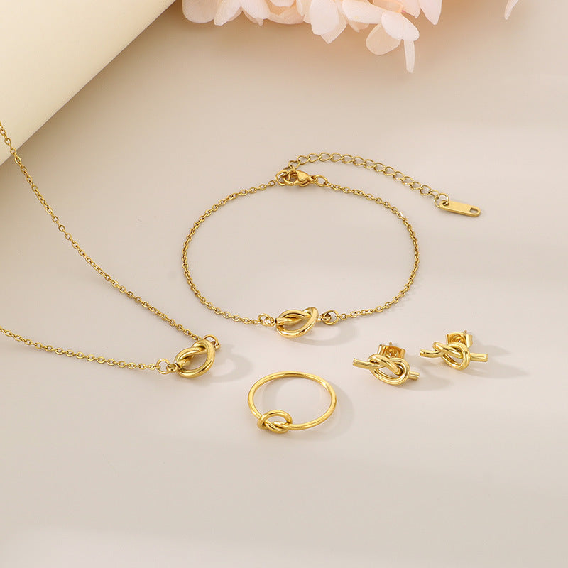 Cross-border fashion versatile rope knot elements stainless steel stud earrings necklace bracelet four-piece set knotted collarbone chain spot