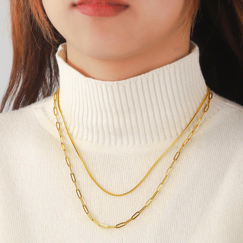 European and American cross-border stainless steel double-layer necklace square snake chain long cross chain 18K vacuum electroplated clavicle titanium steel necklace