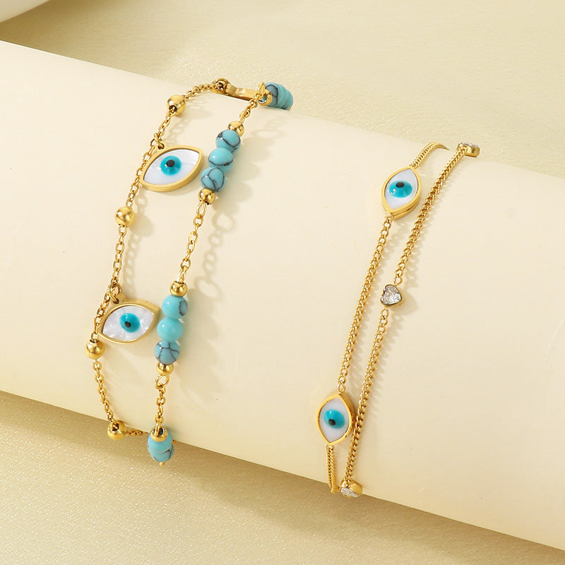 Simple double layer stacked stainless steel resin Devil's Eye blue turquoise beaded double layer pendant accessories anklet jewelry