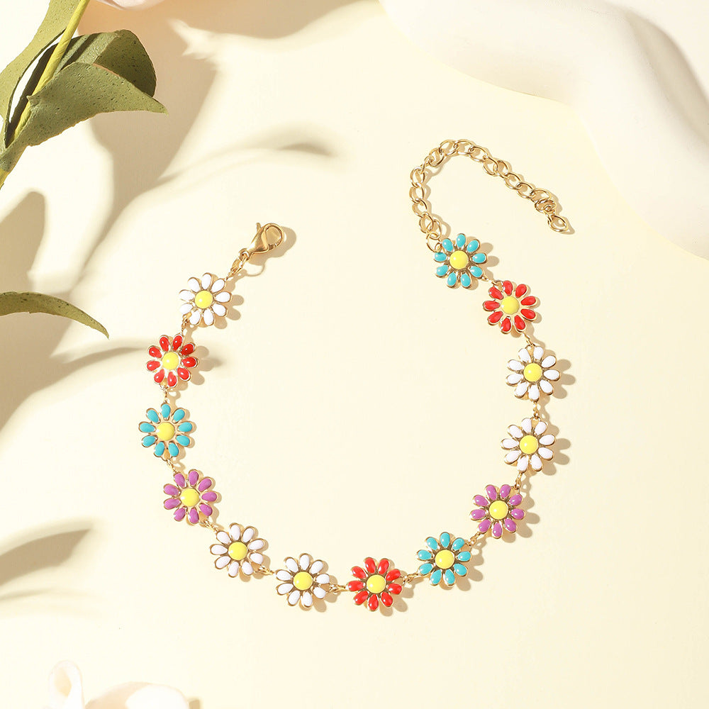 Cross-border exclusive for Europe and the United States, oil dripping colored daisy pendant, stainless steel necklace, flower necklace, clavicle titanium steel necklace