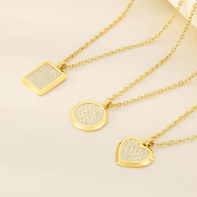 Creative light luxury gypsy star inlaid rhinestone heart pendant titanium steel necklace high sense love square round item decoration