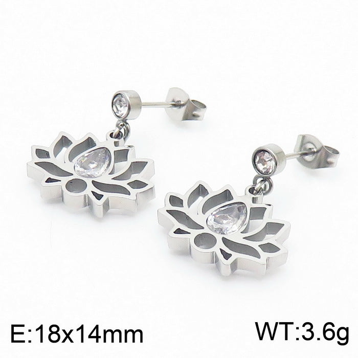 Cross-border new stainless steel zircon lotus set, creative hollow flower water drop stone pendant jewelry three-piece set