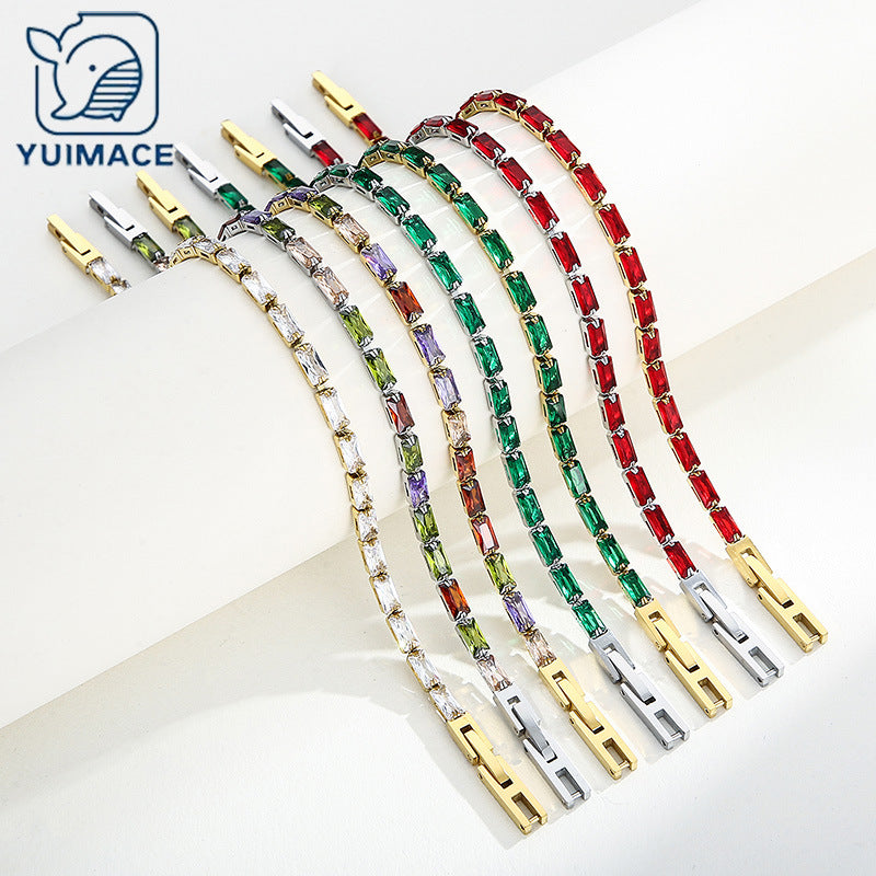 Light luxury Mori series simple and versatile color zircon bracelet female, fashionable titanium steel square chain splicing full diamond bracelet