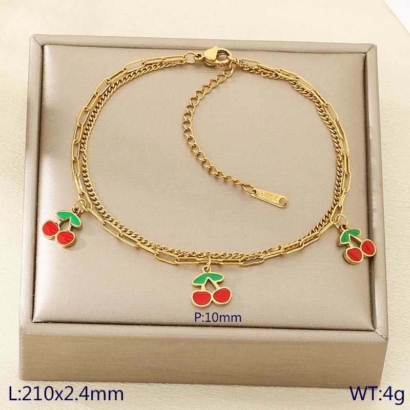 New fresh and sweet fruit series cherry strawberry apple dragon fruit pendant stainless steel double layer stacked anklet