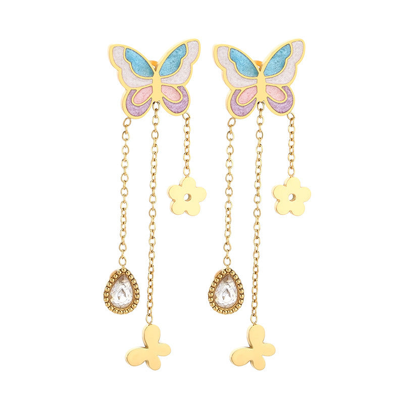 Korean fashion cartoon stainless steel gradient oil drip butterfly tassel chain water drop flower butterfly earrings earrings