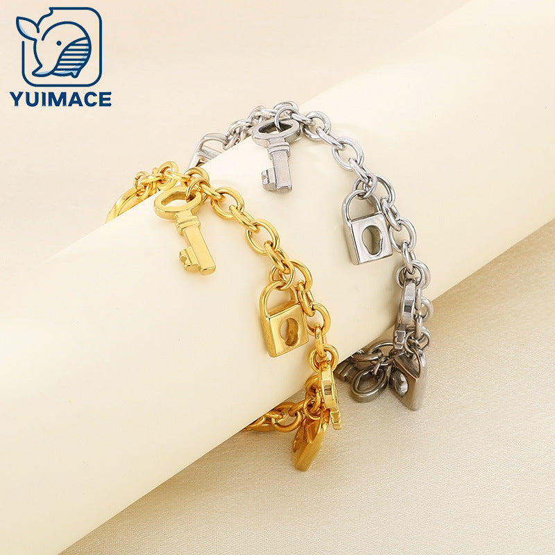 ins wind love element key lock tag pendant stainless steel bracelet trend retro titanium steel plated 18K gold jewelry