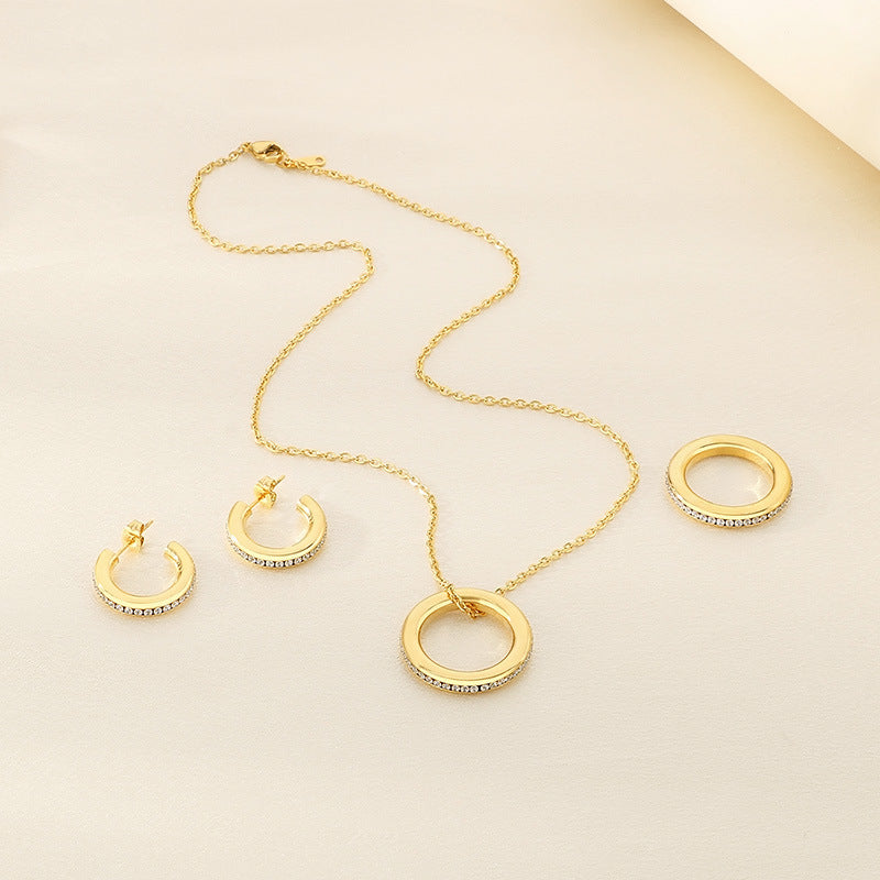 Cross-border fashion personality with diamond-set c-shaped pendant set ins temperament stacking chain titanium steel necklace earrings ring