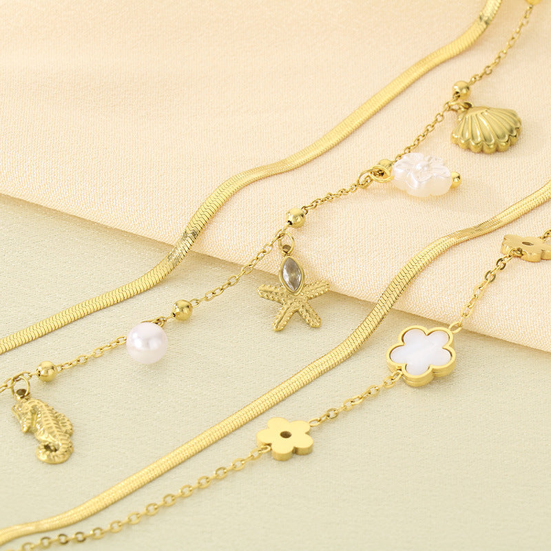 Summer seaside beach wind double stacked marine life starfish shell seahorse pendant stainless steel anklet foot decoration