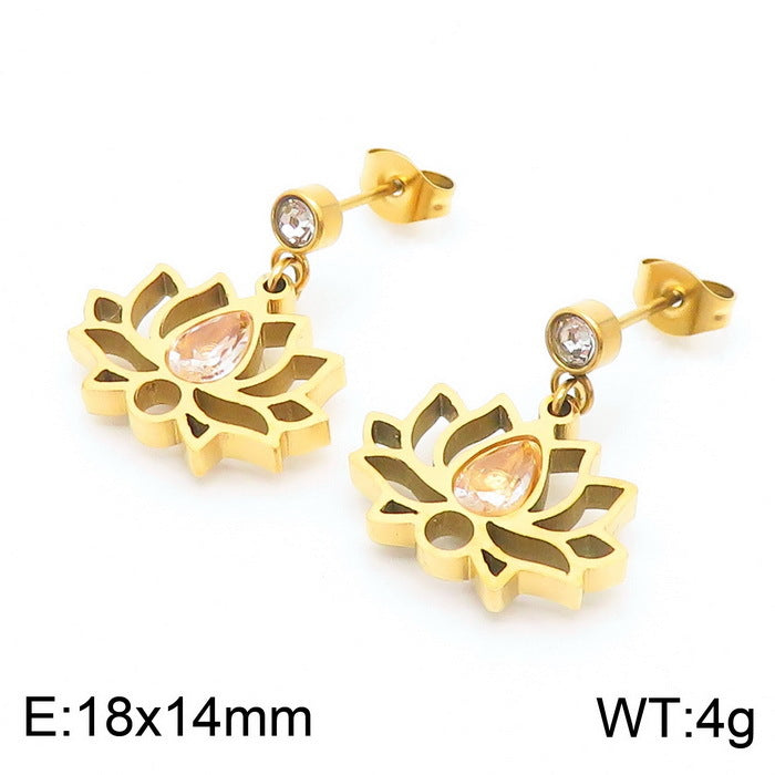 Cross-border new stainless steel zircon lotus set, creative hollow flower water drop stone pendant jewelry three-piece set