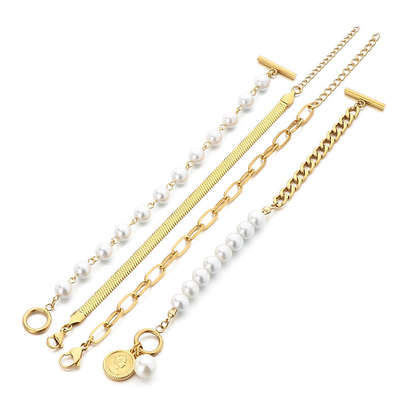 ins Pearl Beaded Flat Snake Chain Bracelet Stainless Steel Multi-layer Stacked Pearl Splicing Chain Premium Titanium Steel Jewelry