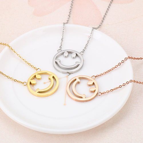 Classic Smile Round Hollow Pendant Stainless Steel Necklace Cute Smiley Collarbone Chain Titanium Steel Plated 18K Gold Jewelry