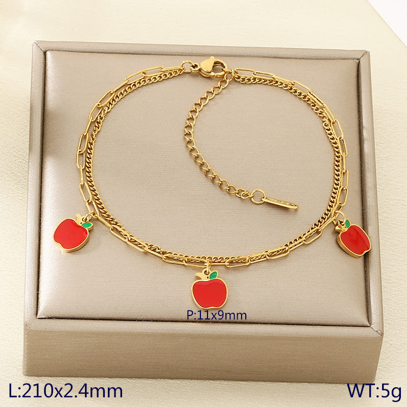 New fresh and sweet fruit series cherry strawberry apple dragon fruit pendant stainless steel double layer stacked anklet